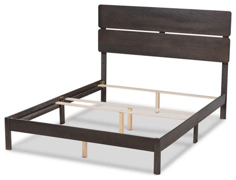 Queen Platform Bed Rubberwood Frame With Panel Headboard Dark Grey