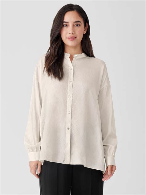 Eileen Fisher Washed Silk Tussah Mandarin Collar Shirt In Natural Lyst