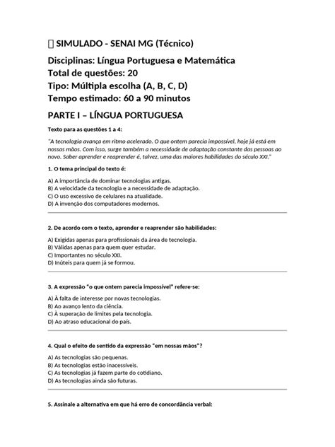 Simulado Das Provas Do Senai - Simulado SENAI MG: Língua e Matemática | PDF | Assunto (gramática ...