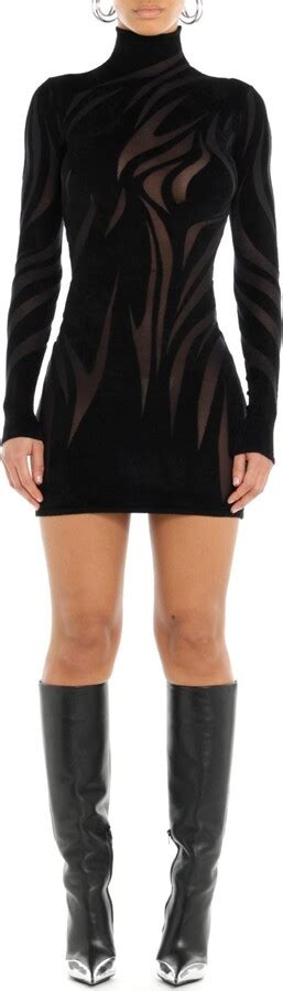 Thierry Mugler Sheer Panel Long Sleeve Flocked Chenille Minidress