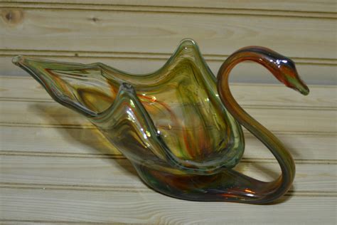 Vintage Blown Glass Swan Dish Brown Green Bowl Candy Trinket Etsy