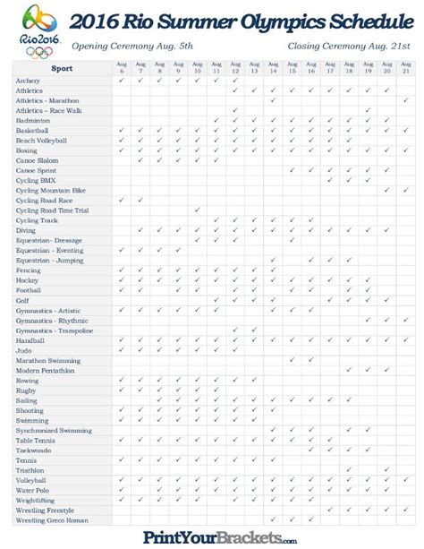 Printable Olympic Schedule 2016 Summer Rio Games Olympics Schedule