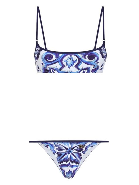 Dolce Gabbana Majolica Print Scoop Neck Bikini Blue Editorialist
