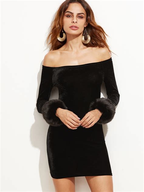 Off The Shoulder Faux Fur Cuff Velvet Dressfor Women Romwe