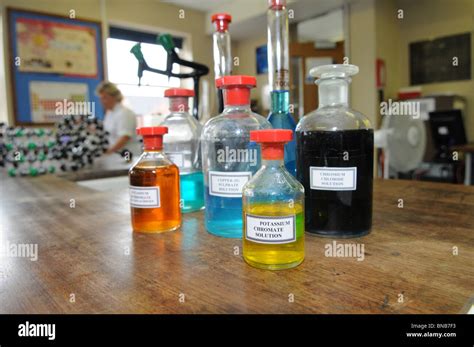 School Science Laboratory With Bottles Of Chemicals Ready For An Stock