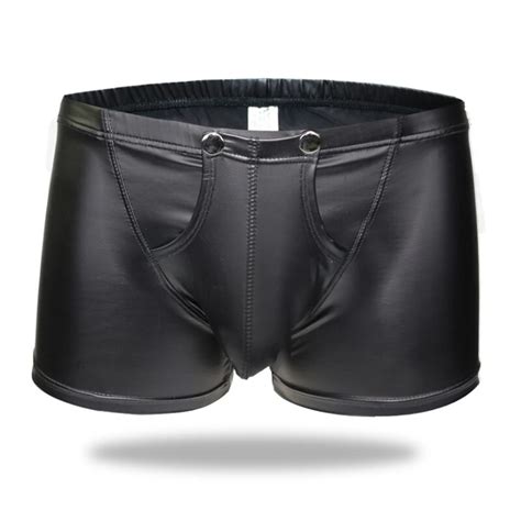 Sexy Boxer Men Black Patent Leather Underwear Male Low Waist Capsule Open Crotch Underpants Mens