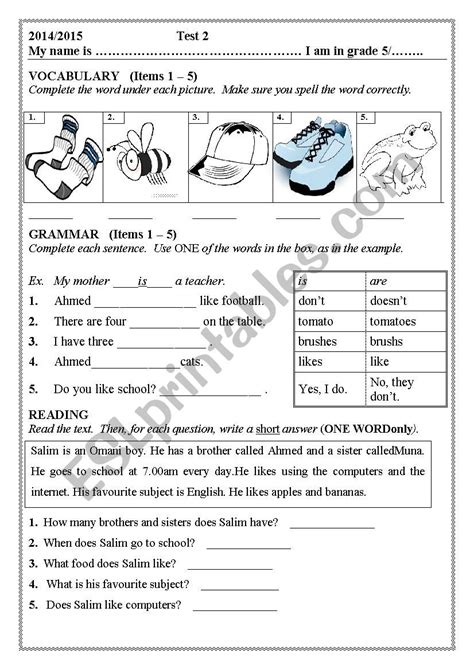 Grade 5 Test Esl Worksheet By Omanjeep