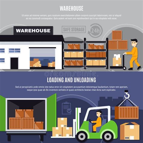 Warehouse Flat Banner Set Stock Vector Illustration Of Line