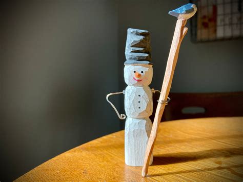 Hand Carved Wooden Snowman Etsy