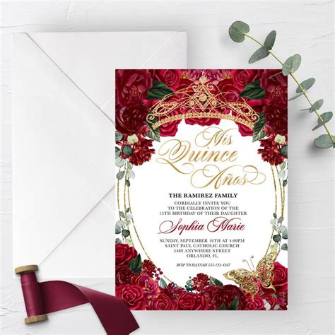 EDITABLE Invitation, Elegant Red and Gold Floral Quinceanera Invitation, Birthday Invite, Mis ...