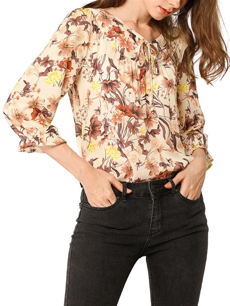 Allegra K Womens Tie V Neck Boho Ruffled 3 4 Sleeve Floral Blouse