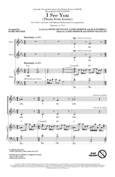 I See You Theme From Avatar By Leona Lewis 2 Part Digital Sheet Music Sheet Music Plus