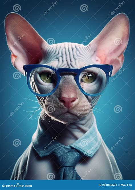 Sphynx Cat Wearing Blue Glasses And Blue Scarf On Blue Background Stock