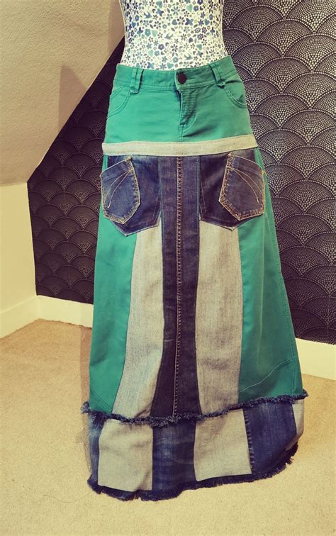 Revamped Denim Maxi Skirt Denim Fashion Upcycled Fashion Long Jean Skirt