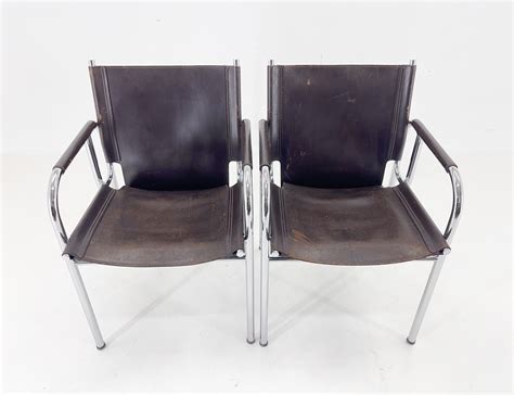 Pair Of 1970s Vintage Hans Eichenberger Leather And Chrome Lounge