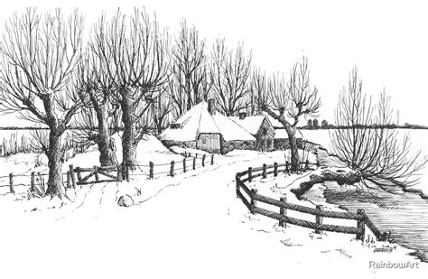 Winter In Holland Pen Drawing By Rainbowart Redbubble