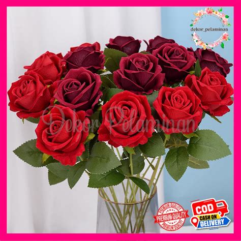 Jual Rose Bludru Bunga Mawar Panjang Tangkai 50cm Imitasi Kain