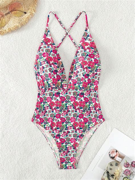 Shein Swim Vcay Floral Print Plunging One Piece Swimsuit Shein Usa