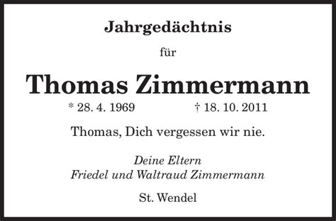 Traueranzeigen Von Thomas Zimmermann Saarbruecker Zeitung Trauer De