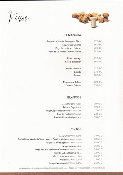 Carte Et Menus Hospeder A Bodega Nuestra Se Ora Del Rosario El