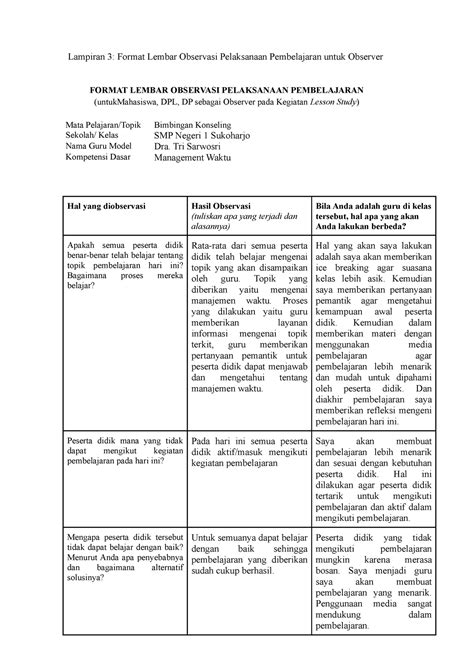 Lampiran 3 Lembar Observasi Pelaksanaan Pembelajaran Untuk Observer