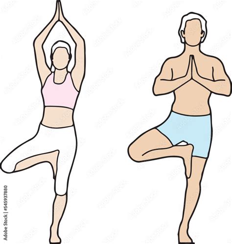 Yoga Tree Pose Vrksasana beginner yoga balance pose standing pose vector minimalist line art ...