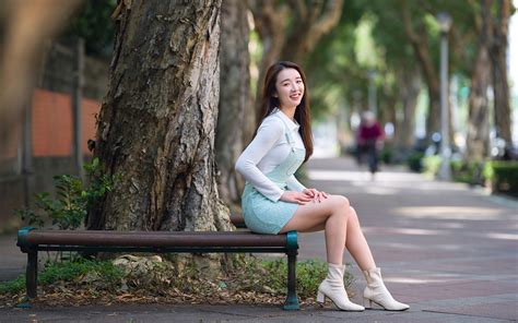 Image Smile Blouse Girls Legs Asian Bench Sitting Gown 1920x1200