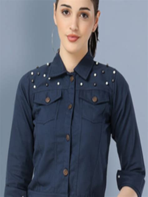 Buy Buy New Trend Women Navy Blue Lightweight Crop Denim Jacket With Embroidered Jackets For