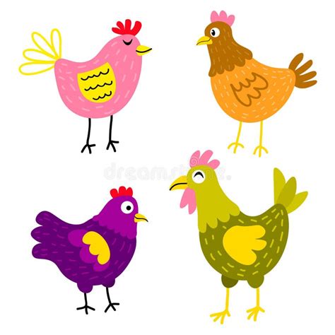 Cartoon Chicken And Rooster Bird Set In Flat Style Stock Vector