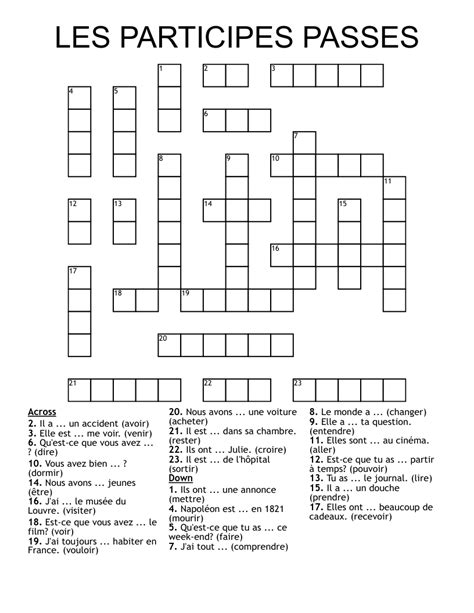 Passé composé avec avoir Mots croisés Crossword WordMint