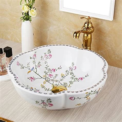 Mekkhala Bathroom Ceramic Vessel Sinks White Flower Shape Round Porcelain Vessel Sink Above