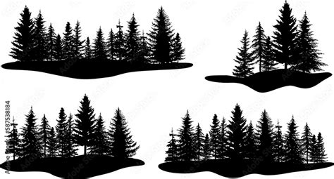 Pine tree vector illustration set. Black silhouette landscape. Stock ...