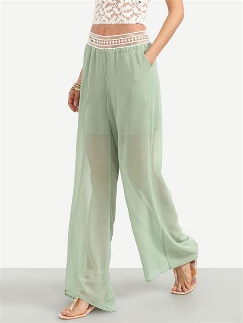 Pale Green Crochet Elastic Waist Wide Leg Chiffon Pants Chiffon Pants