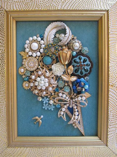 Jeweled Framed Jewelry Art Flower Bouquet Aqua Blue Cream Gold Etsy