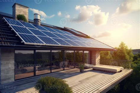 Photorealistic Solar Panels Installed On The Roof Of A Modern House