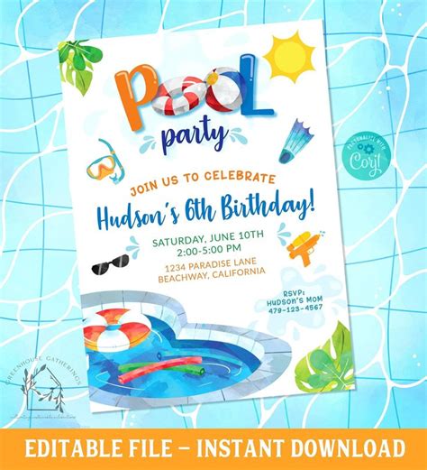 A Pool Party Birthday Card With An Image Of A Swimming Pool