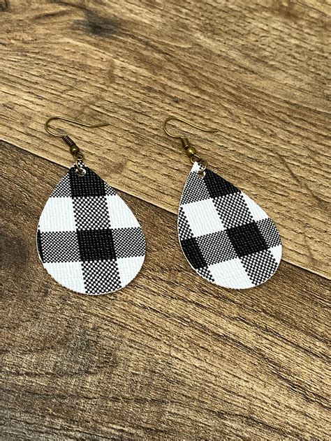 White Black Buffalo Plaid Earrings Tear Drop Earrings Leather