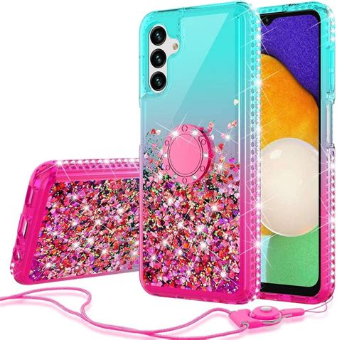 Compatible For Samsung Galaxy A15 5g Liquid Glitter Phone Case Cover Ring Kickstand Lanyard With