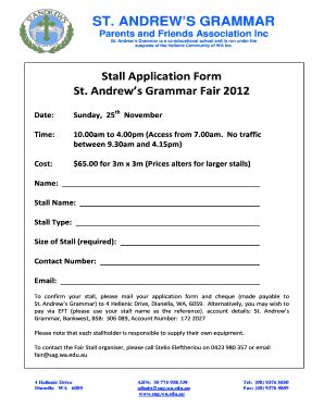 Fillable Online Hcwa Stall Application Form St Andrews Grammar Fair