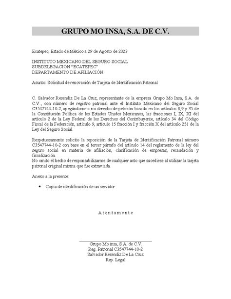 Solicitud DE Reposicion DE Tarjeta Patronal IMSS Grupo Moinsa SUB