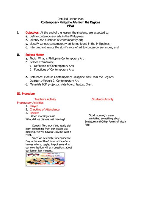 Cot Detailed Lesson Plan About Contemporary Arts From The Regions