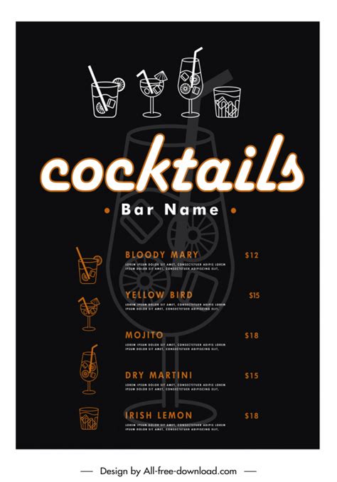 Bar Club Menu Template Flat Beverages Dark Design Vectors Images