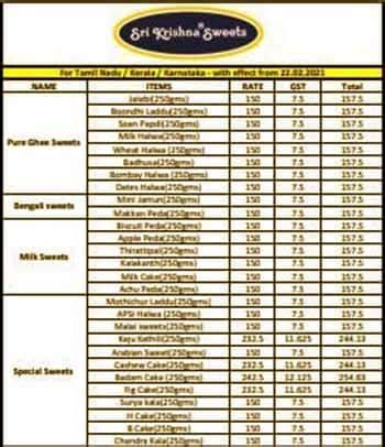 Menu At Sri Krishna Sweets House Coimbatore No