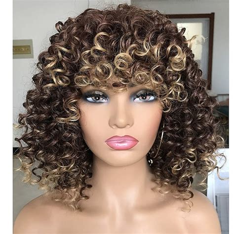 Afro Curly Wigs Black With Warm Brown Highlights Wigs With Bangs For