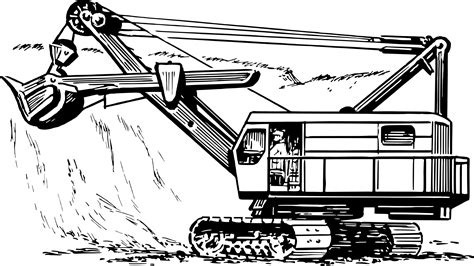 Black And White Drawing Of The Excavator With The Person Near The