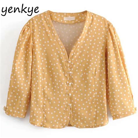 Women Yellow Vintage Polka Dot Blouse Shirt Lady V Neck Three Quarter