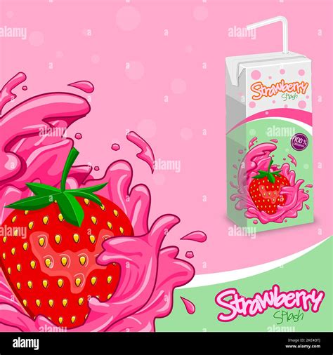 A Design Of Strawberry Juice Packaging With Splashes Of Water Om Pink