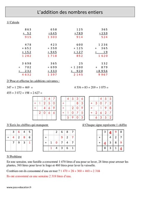 Addition Des Nombres Entiers Cm1 Exercices Avec Correction Pass