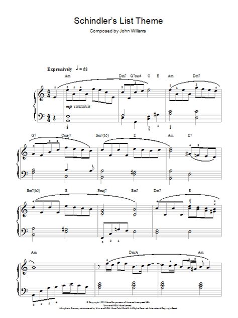 Schindlers List By John Williams Sheet Music For Easy Piano At Sheet