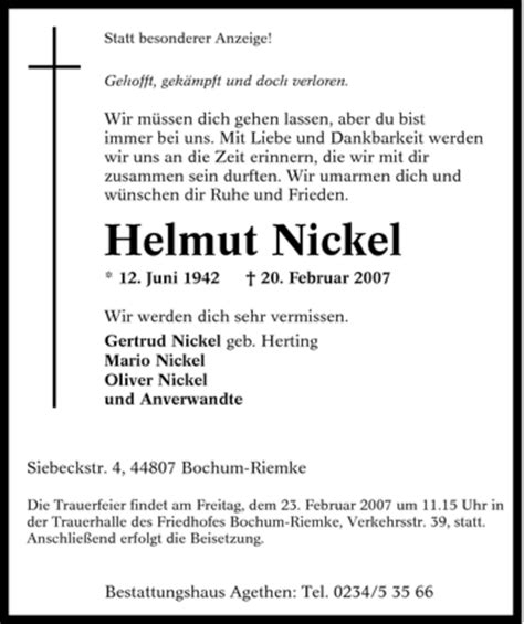 Traueranzeigen Von Helmut Nickel Trauer In Nrw De